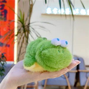 Gros plan d'un mini porte-clés peluche réversible grenouille-tortue tenu à la main