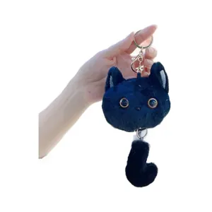 Süßer schwarzer Plüsch-Katzen-Schlüsselanhänger mit weichem Fell und goldener Kette