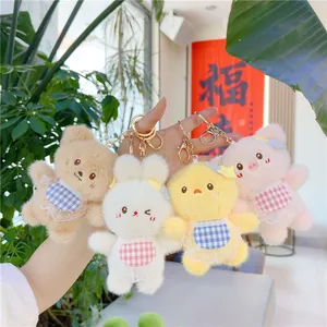 Cute Plush Animal Keychain Bear Rabbit Pig Chick With Plaid Lace Bib Soft Stuffed Toy Bag Charm Pendant Gift For Women Girls
