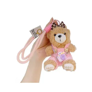 Cute teddy bear plush keychain with pink overalls and mini camera accessory