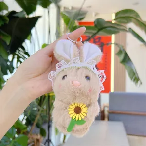 Schattige pluche konijn sleutelhanger met kanten hoofdband en zonnebloem in hand
