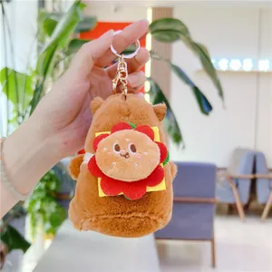 Detail of Capybara plush keychain with burger design and soft brown fur texture