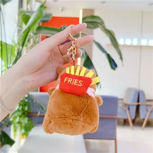 Cute Capybara plush keychain holding red fries bag with high-quality gold metal ring