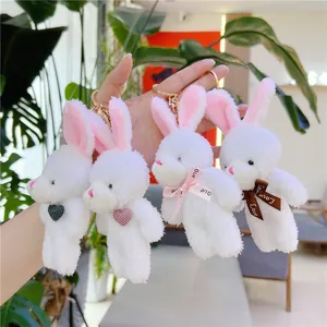 Porte-clés lapins en peluche avec oreilles roses et nœuds décoratifs, lot de 4