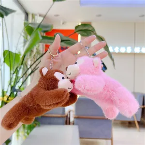 Cute plush bear keychains in pink and brown with fluffy texture and metal rings