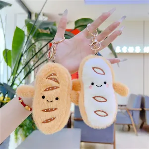 Porte-clés en Peluche Pain Baguette Dessin Animé Mignon Poupée Alimentaire Rembourrée Souple Avec Anneau en Métal Visage Souriant Ornement de Sac Cadeau