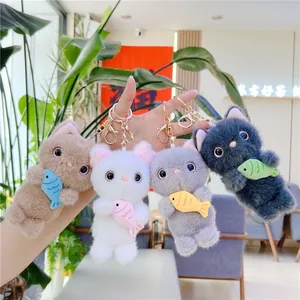 Cute Cat Holding Fish Plush Toy Keychain Soft Stuffed Animal Doll Bag Pendant Decoration Gift For Women Kids