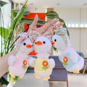 Three cute duck plush keychains in pink, yellow, and blue with floral headbands and lace collars