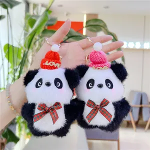 Cute plush panda keychain with knitted hats and plaid bowknot charms for bags