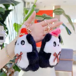Cute plush panda keychains with colorful knit hats and plaid bows for backpacks