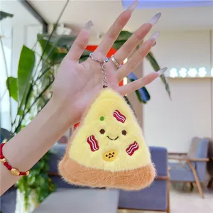Handheld plush pizza keychain with cute smiling face and metallic silver ring chain