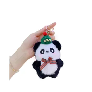 Cute panda plush keychain with green love hat and bow tie decoration for bag charm