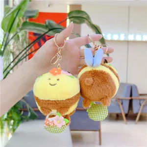 Cute plush bee keychain with flower and plaid basket, soft toy pendant for kids and girls