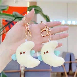 Cute Cartoon Plush Moon Keychain Pendant With Light Blue Wings Soft Stuffed Toy Bag Ornament For Kids Wedding Party Gift