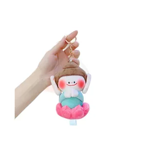 Porte-clés bouddha en peluche mignon sur fleur de lotus rose pour sacs et clés