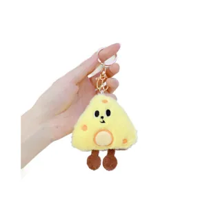 Cute plush yellow cheese keychain with creative sandwich design and metal ring for backpacks