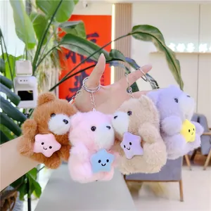 Cute plush bear keychain set with stars in brown, pink, beige, and purple for bag decor