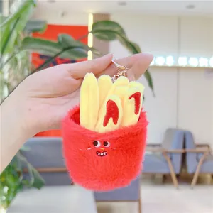 Porte-clés frites en peluche avec visage brodé et anneau en métal doré brillant