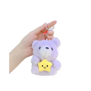 Cute purple plush bear holding yellow star keychain for school bags and gifts