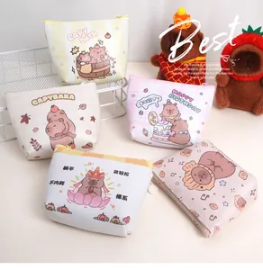 Macro detail of cute Capybara PU leather coin purses with premium metal zipper closure