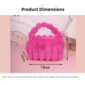 Detailed dimensions of the rose pink faux rabbit fur plush handbag with spherical handle