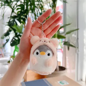 Cute gray penguin plush keychain with pink bear hoodie and silver metal keyring link