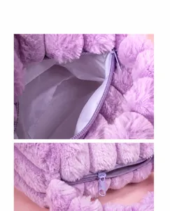 Close-up of the purple plush makeup bag showing interior lining and durable zipper