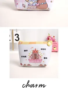 Detail of Capybara coin purse with smooth white faux leather and yellow zipper closure