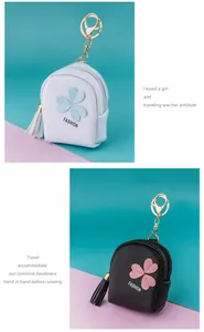 Detailed view of mini backpack coin purses in blue and black with tassels and gold clips