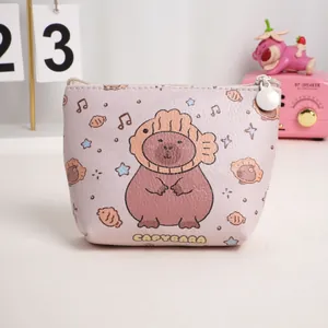 Cute Capybara pink faux leather coin purse and multifunctional earphone storage bag