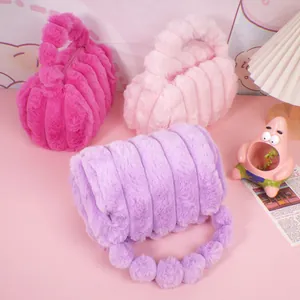 Cute Faux Rabbit Fur Striped Plush Makeup Bag Kawaii Soft Travel Storage Handbag With Ball Handle Cosmetic Organizer For Women