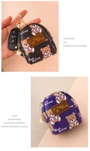 Close-up of cute bear print coin purses with golden keychain and pearl charm detail