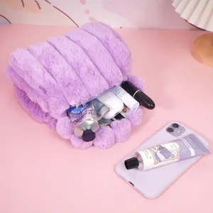 Purple faux rabbit fur plush makeup bag with vertical stripes and large storage capacity