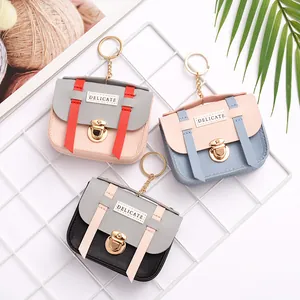 Mini PU Leather Coin Purse For Women Contrast Color Keychain Bag Pendant Small Wallet Metal Buckle Delicate Label Gift