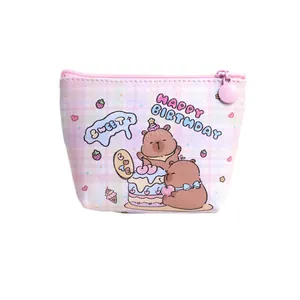 Cute pink plaid leather coin purse with cartoon bear prints and zipper closure for storage