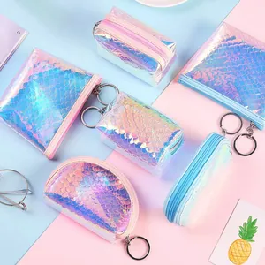 Porte-monnaie Holographique Laser Écailles de Poisson pour Femmes Filles Mini Portefeuille TPU Écailles de Sirène avec Fermeture Éclair et Porte-clés Portable