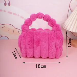 Pink faux rabbit fur makeup bag with vertical stripes and plush ball handle, 18x12x10cm