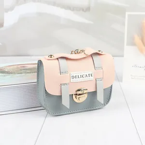 Close-up of mini pink and grey crossbody bag with golden twist lock and 'DELICATE' label