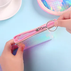 Porte-monnaie holographique à écailles avec fermeture éclair rose et porte-clés