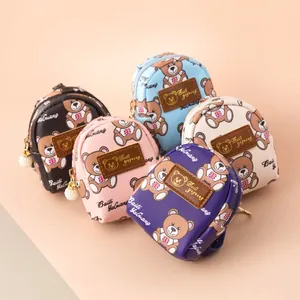 Mini Backpack Style PU Leather Coin Purse Cartoon Bear Print Wallet With Pearl Pendant Keychain Small Portable Key Case