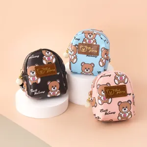 Mini bear pattern coin purse in black, blue and pink with pearl zipper pendant charm