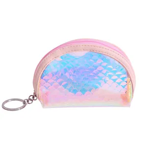 Porte-monnaie laser à écailles arc-en-ciel avec garniture en cuir rose et anneau