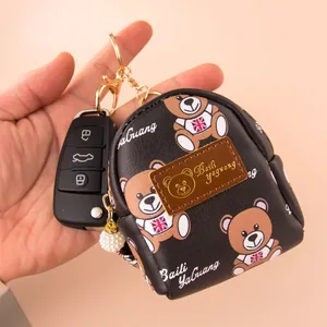 Mini backpack coin purse in black PU leather with cute bear prints and pearl zipper