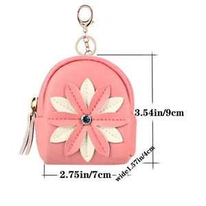 Mini Backpack Shaped PU Leather Coin Purse For Girls Women Cute Floral Rhinestone Keychain Bag Charm Zipper Card Holder Wallet