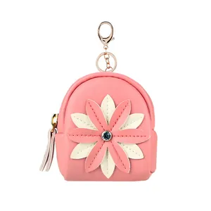 Cute pink mini sunflower coin purse with gold zipper and leather tassel keychain
