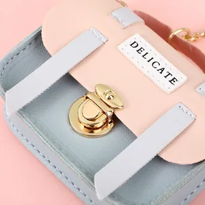 Pink and blue patchwork mini flap coin purse with gold lock and delicate woven label