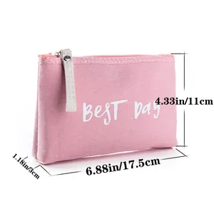 Pink canvas makeup bag with BEST day text and dimensions 17.5x11x3cm for travel