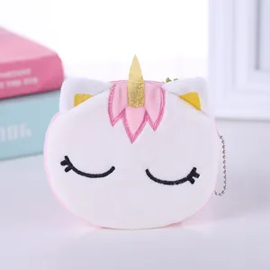 Cute white plush unicorn mini coin purse with gold horn and pink embroidery details