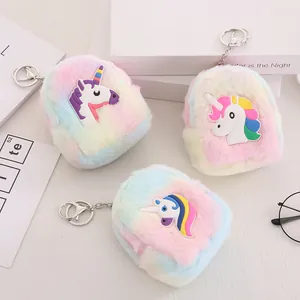 Unicorn Cat Plush Coin Purse Mini Backpack Keychain Rainbow Gradient Faux Fur Wallet Key Holder Storage Bag For Girls Students