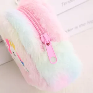 Rainbow plush unicorn coin purse with soft fur texture and pink zipper closure
